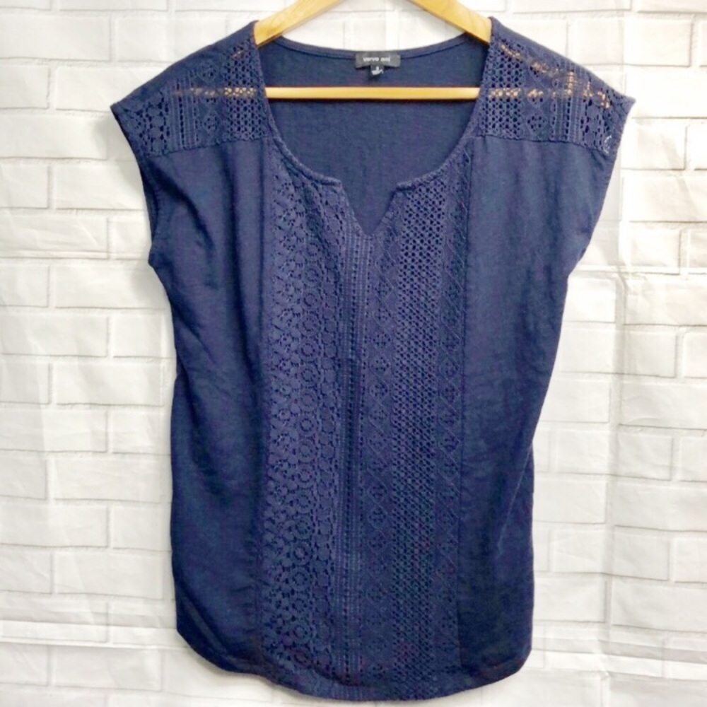 Verve Ami Navy Lace Panel Split Neck Top Small